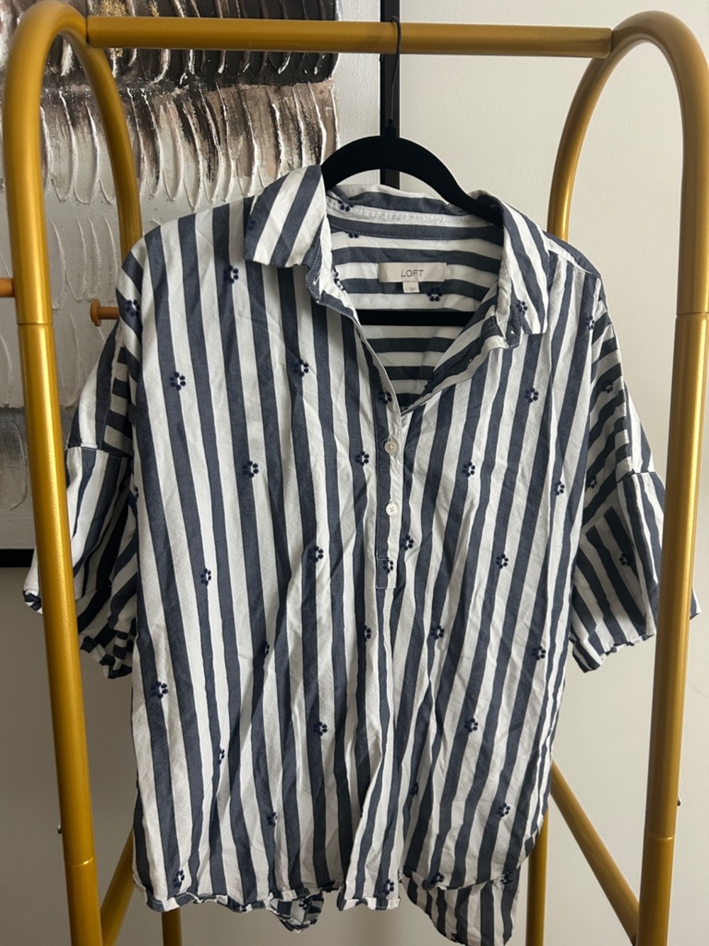 LOFT Navy and White Vertical Stripe Short-Sleeve Button-Down Shirt